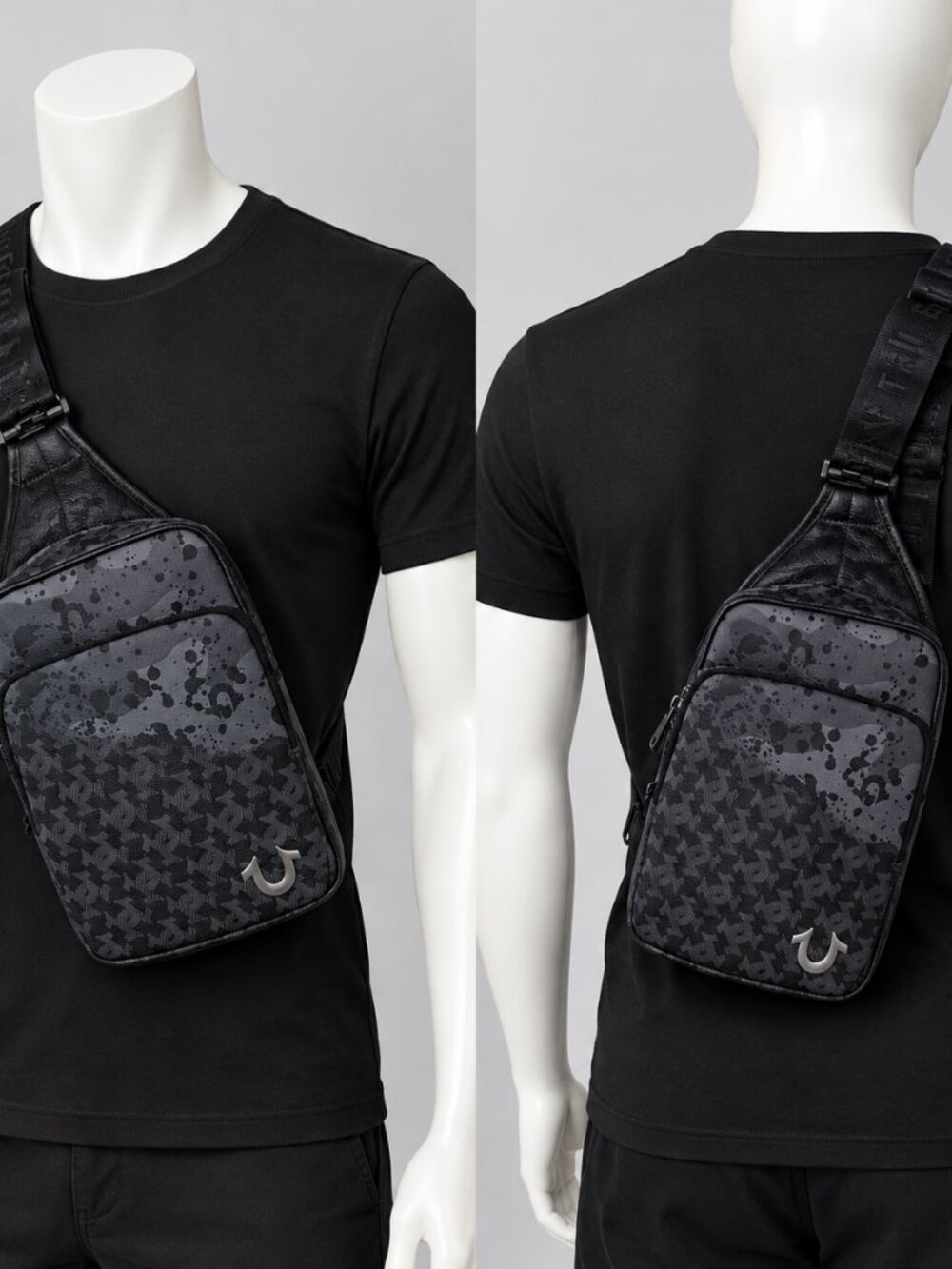True Religion Horseshoe Monogram Sling Bag In Black and Grey